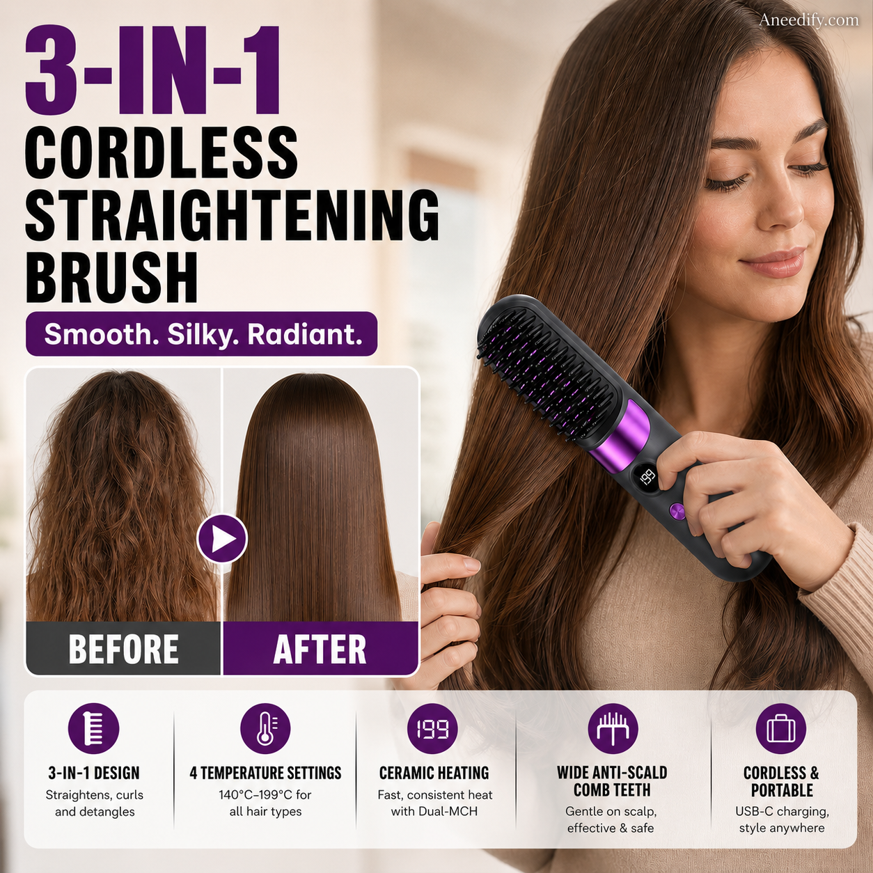🥳2026 HOT SALE🥳💞50K+ SOLD!💇‍♀️🛡️ 50% OFF! 3‑in‑1 Cordless Hair Straightening Brush – Straighten, curl & detangle with 4 heat settings. Wider teeth prevent burns – safe for daily styling! ✨🌿