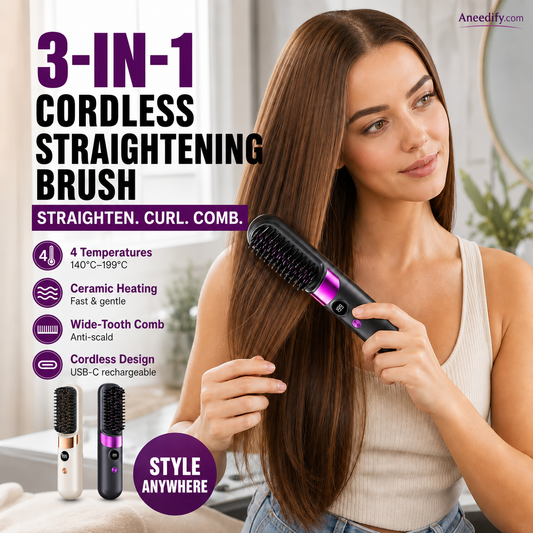 🥳2026 HOT SALE🥳💞50K+ SOLD!💇‍♀️🛡️ 50% OFF! 3‑in‑1 Cordless Hair Straightening Brush – Straighten, curl & detangle with 4 heat settings. Wider teeth prevent burns – safe for daily styling! ✨🌿