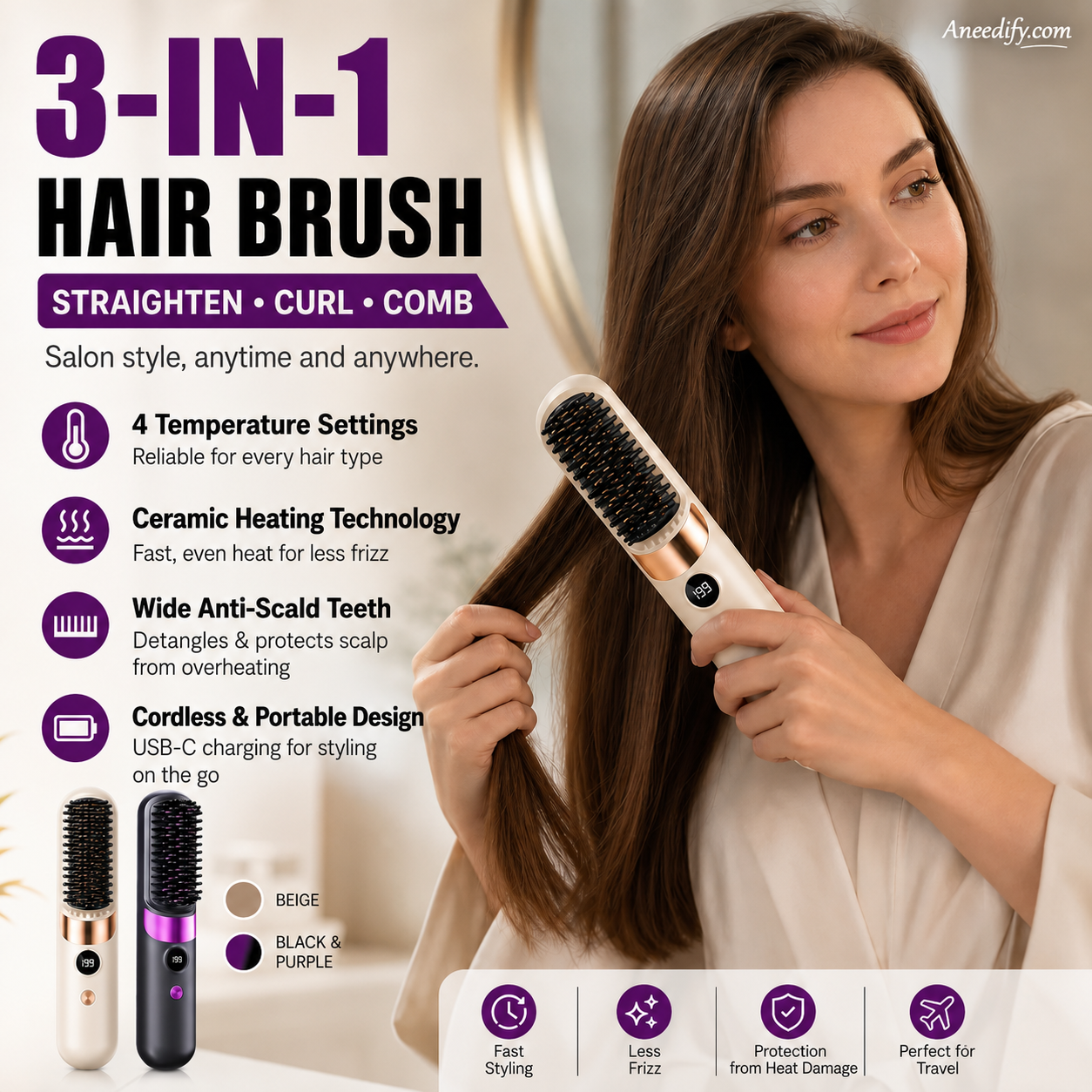 🥳2026 HOT SALE🥳💞50K+ SOLD!💇‍♀️🛡️ 50% OFF! 3‑in‑1 Cordless Hair Straightening Brush – Straighten, curl & detangle with 4 heat settings. Wider teeth prevent burns – safe for daily styling! ✨🌿