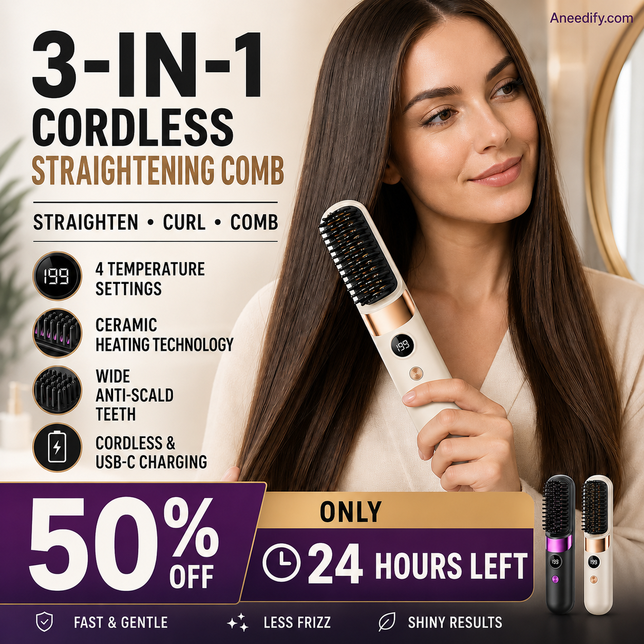 🥳2026 HOT SALE🥳💞50K+ SOLD!💇‍♀️🛡️ 50% OFF! 3‑in‑1 Cordless Hair Straightening Brush – Straighten, curl & detangle with 4 heat settings. Wider teeth prevent burns – safe for daily styling! ✨🌿