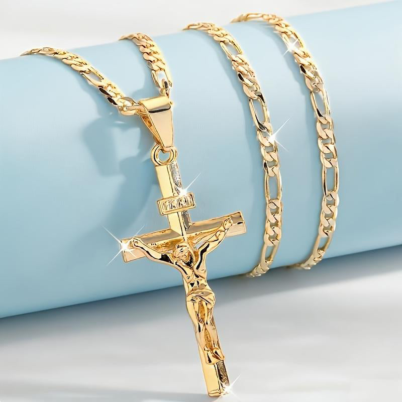 📢📢40% OFF !! ⏰ Gold Crucifix Necklace – Detailed INRI Motif, Adjustable Figaro Chain & Sparkling Finish ✝️