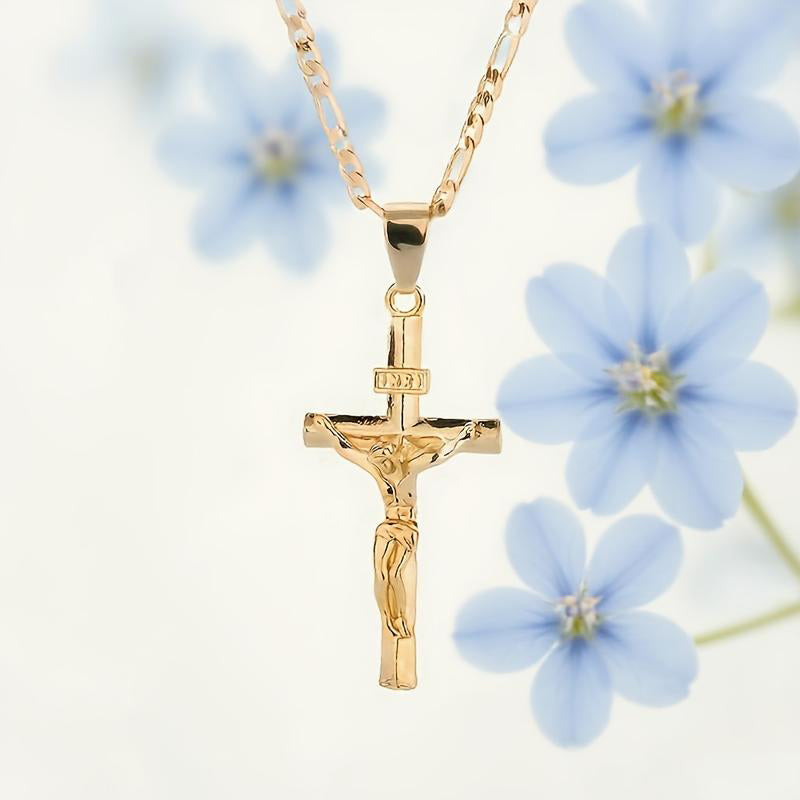📢📢40% OFF !! ⏰ Gold Crucifix Necklace – Detailed INRI Motif, Adjustable Figaro Chain & Sparkling Finish ✝️