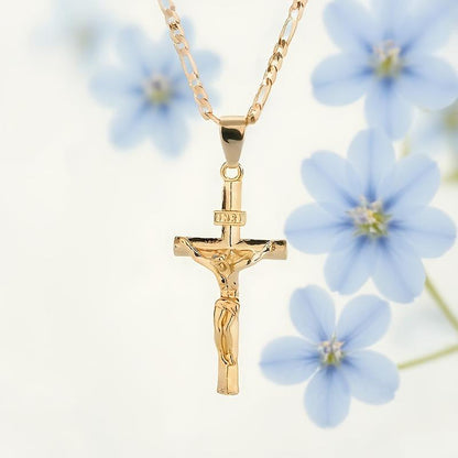 📢📢40% OFF !! ⏰ Gold Crucifix Necklace – Detailed INRI Motif, Adjustable Figaro Chain & Sparkling Finish ✝️