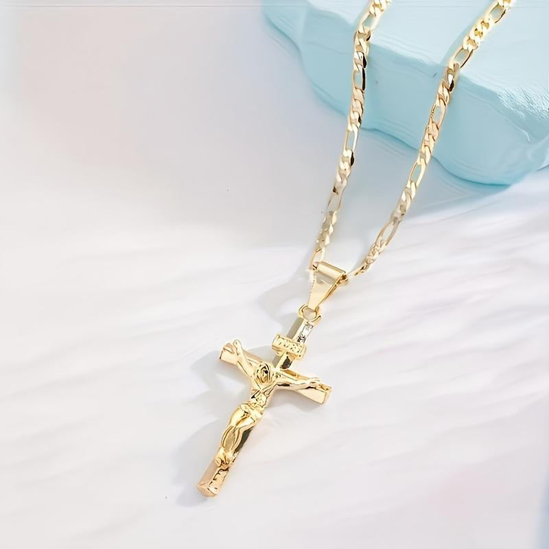 📢📢40% OFF !! ⏰ Gold Crucifix Necklace – Detailed INRI Motif, Adjustable Figaro Chain & Sparkling Finish ✝️