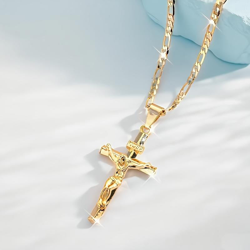 📢📢40% OFF !! ⏰ Gold Crucifix Necklace – Detailed INRI Motif, Adjustable Figaro Chain & Sparkling Finish ✝️