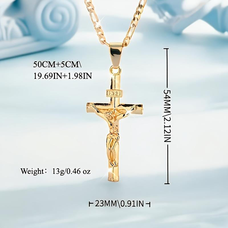 📢📢40% OFF !! ⏰ Gold Crucifix Necklace – Detailed INRI Motif, Adjustable Figaro Chain & Sparkling Finish ✝️