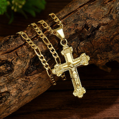 📢📢40% OFF !! ⏰ Gold Crucifix Necklace – Detailed INRI Motif, Adjustable Figaro Chain & Sparkling Finish ✝️