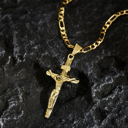 📢📢40% OFF !! ⏰ Gold Crucifix Necklace – Detailed INRI Motif, Adjustable Figaro Chain & Sparkling Finish ✝️